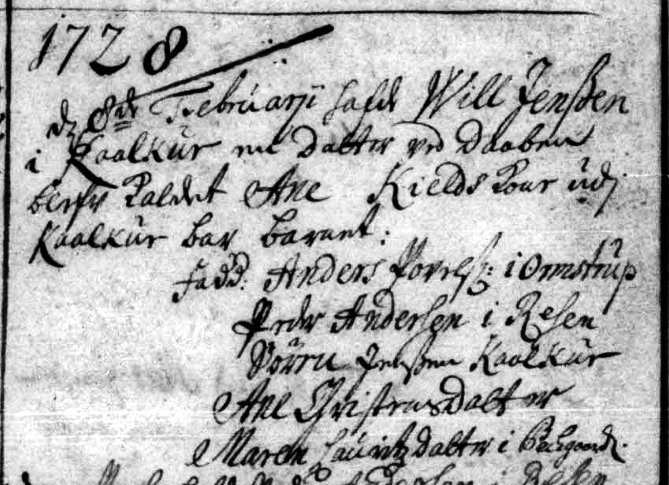 Udsnit af kirkebog, daab af Ane Villadsdatter
